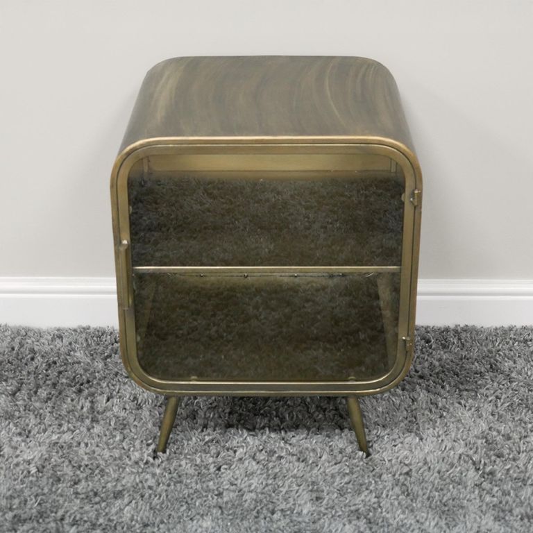 Bedside Cabinet - 1 Door - Curved Brushed Metal and Glass