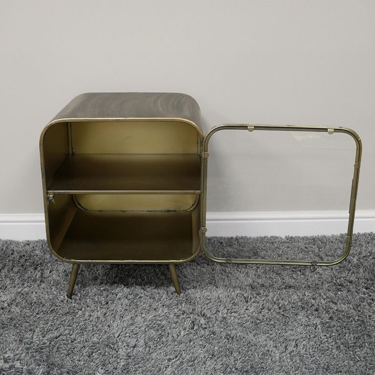 Bedside Cabinet - 1 Door - Curved Brushed Metal and Glass