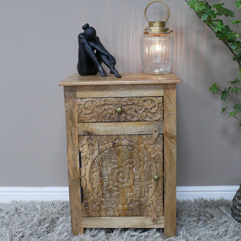 Bedside Cabinet - 1 Door - 1 Drawer - Carved Mango Wood