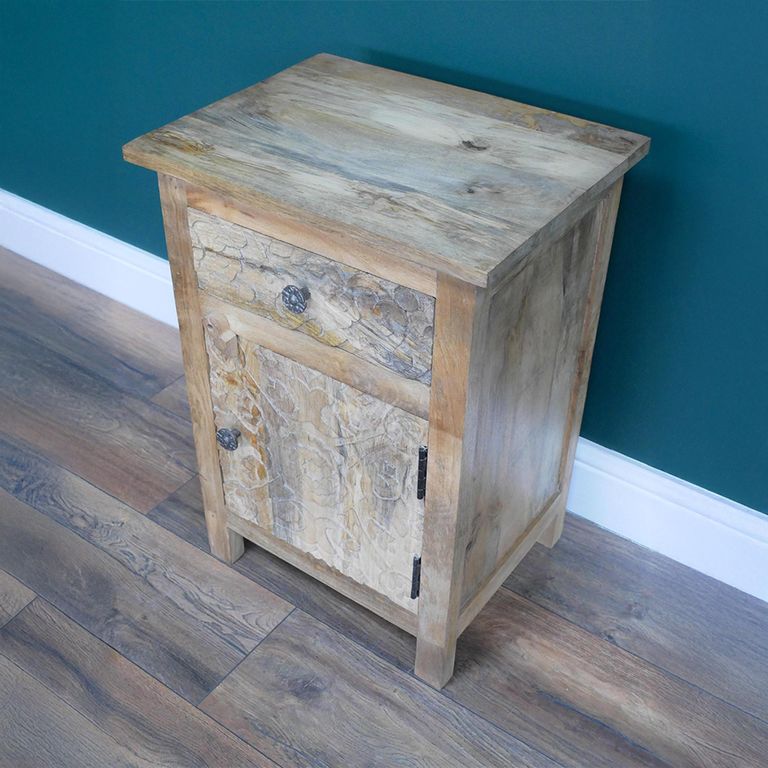 Bedside Cabinet - 1 Door - 1 Drawer - Carved Mango Wood