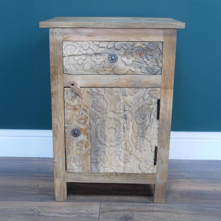 Bedside Cabinet - 1 Door - 1 Drawer - Carved Mango Wood