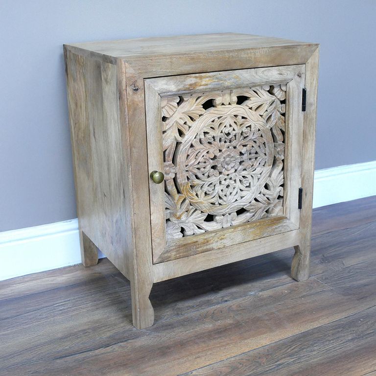Bedside Cabinet - 1 Door - Carved Mango Wood