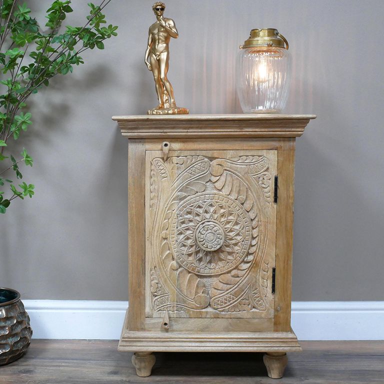 Bedside Cabinet - 1 Door - Carved Mango Wood - Narrow