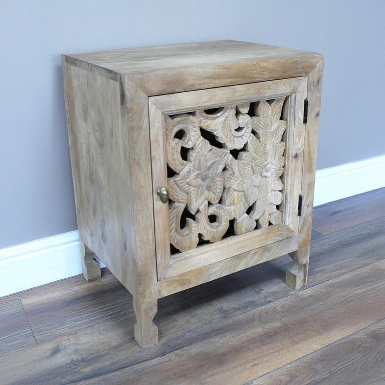 Bedside Cabinet - 1 Door - Small - Carved Mango Wood