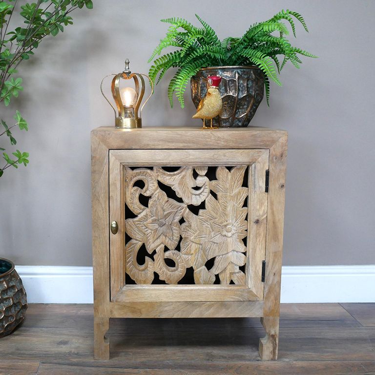Bedside Cabinet - 1 Door - Small - Carved Mango Wood