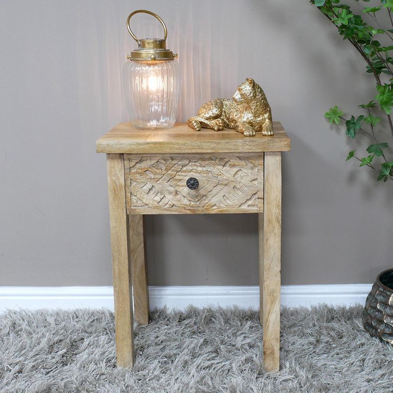 Bedside Table - 1 Drawer - Carved Mango Wood