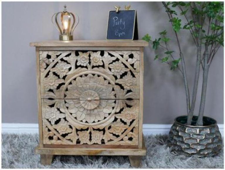 Bedside Cabinet - 2 Drawer - Carved Mango Wood