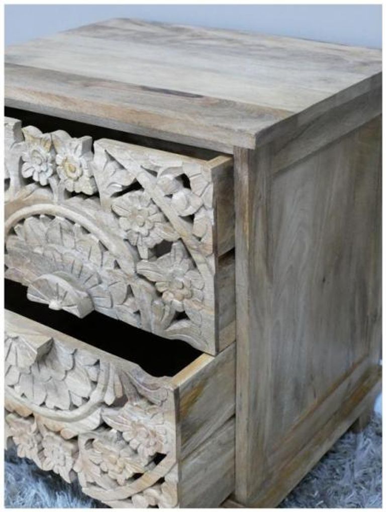 Bedside Cabinet - 2 Drawer - Carved Mango Wood
