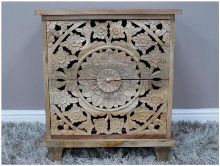 Bedside Cabinet - 2 Drawer - Carved Mango Wood