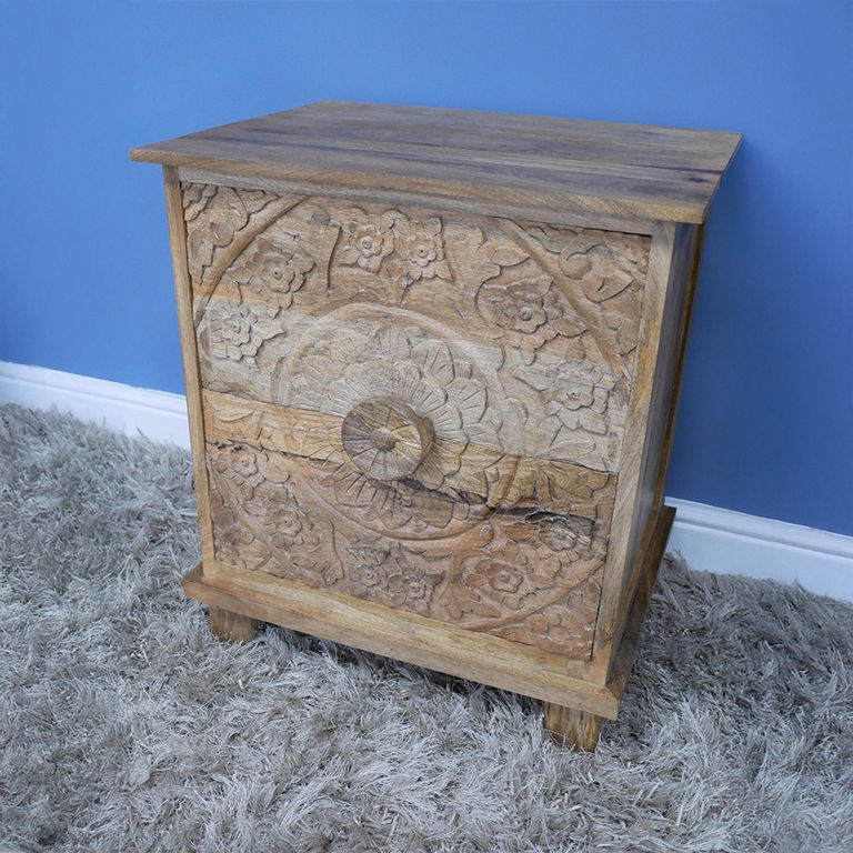 Bedside Cabinet - 2 Drawer - Carved Mango Wood - Large