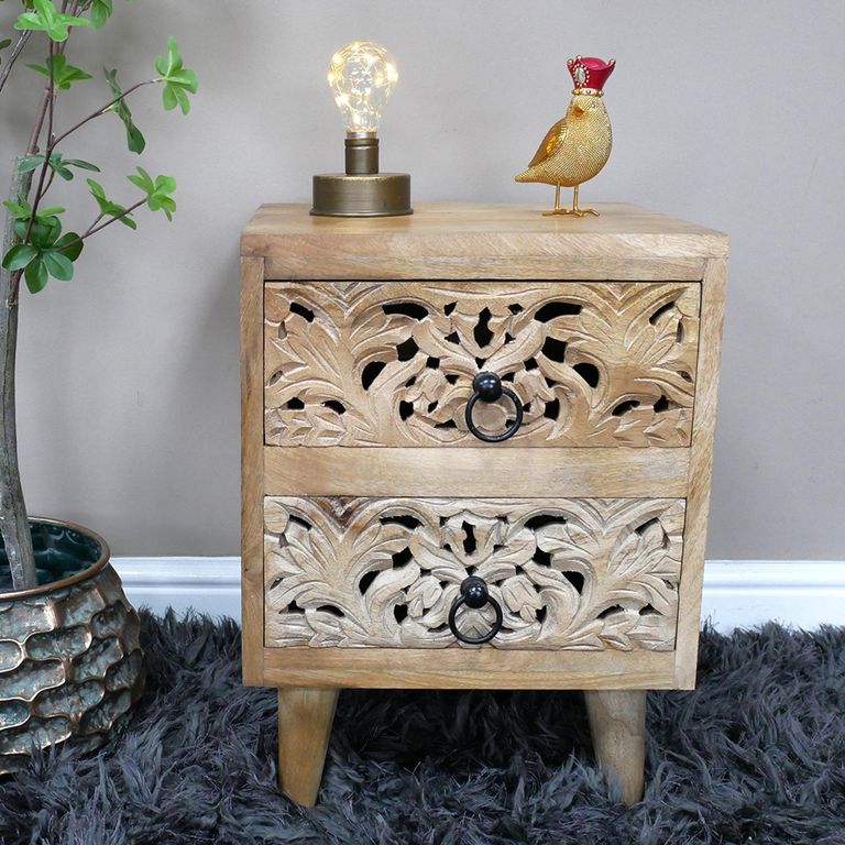 Bedside Cabinet - 2 Drawer - Small - Carved Mango Wood