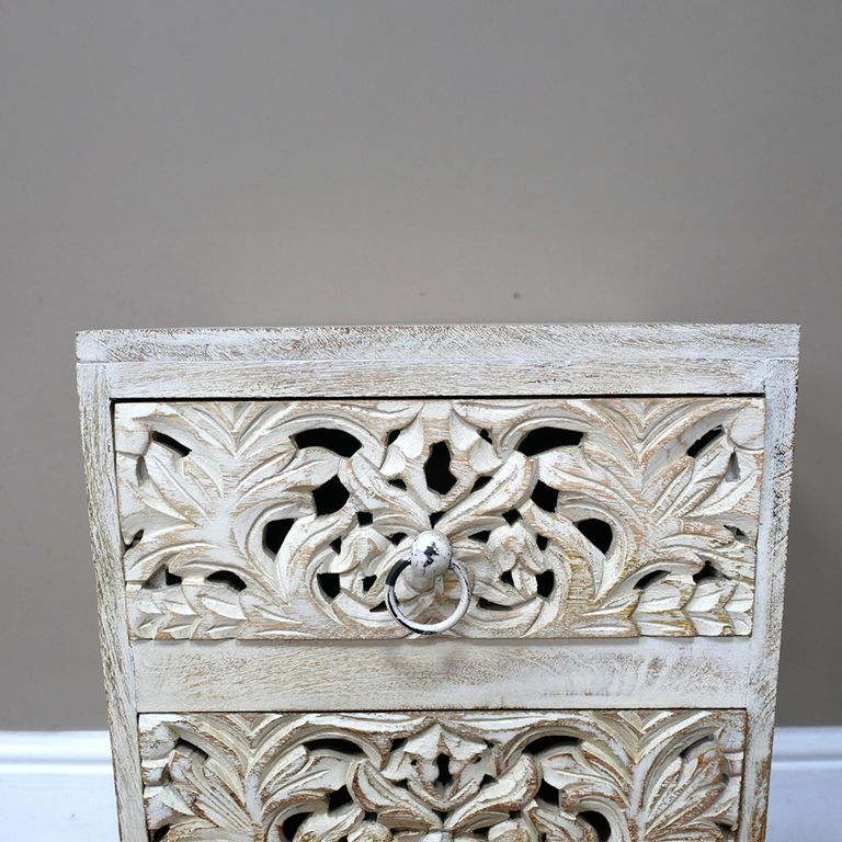 Bedside Cabinet - 2 Drawer - Distressed White Carved Mango Wood