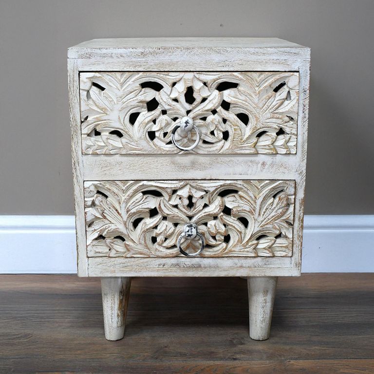 Bedside Cabinet - 2 Drawer - Distressed White Carved Mango Wood