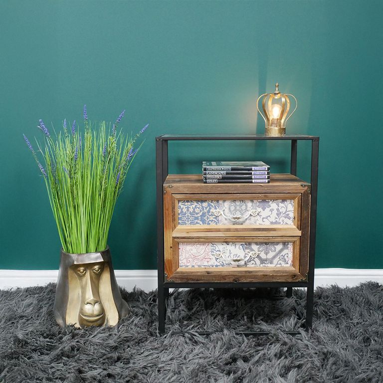Bedside Cabinet - 2 Drawer - Fir Wood and Metal