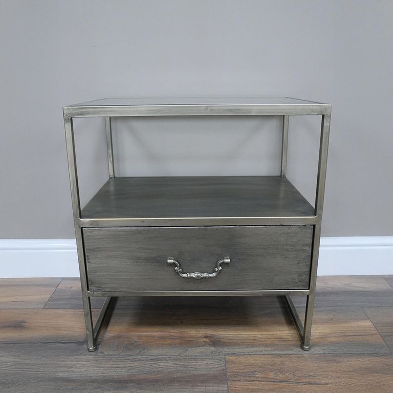 Bedside Cabinet - 1 Drawer - Grey Metal and Glass