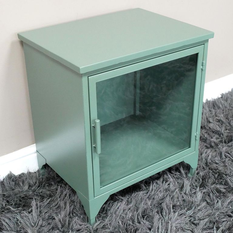 Bedside Cabinet - 1 Glass Door - Green Metal - Industrial