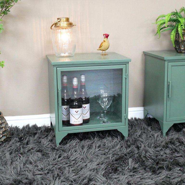 Bedside Cabinet - 1 Glass Door - Green Metal - Industrial