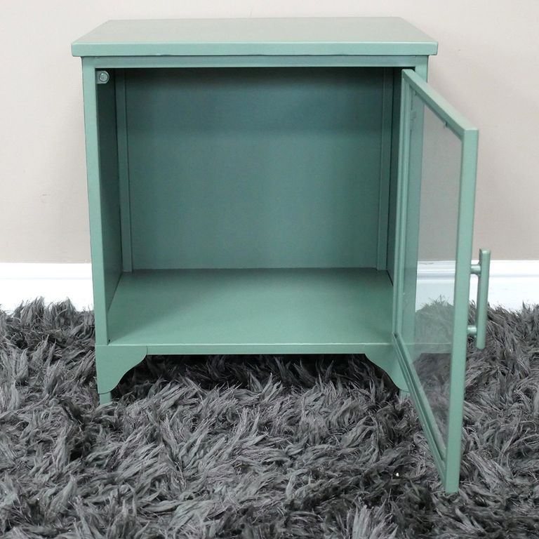Bedside Cabinet - 1 Glass Door - Green Metal - Industrial