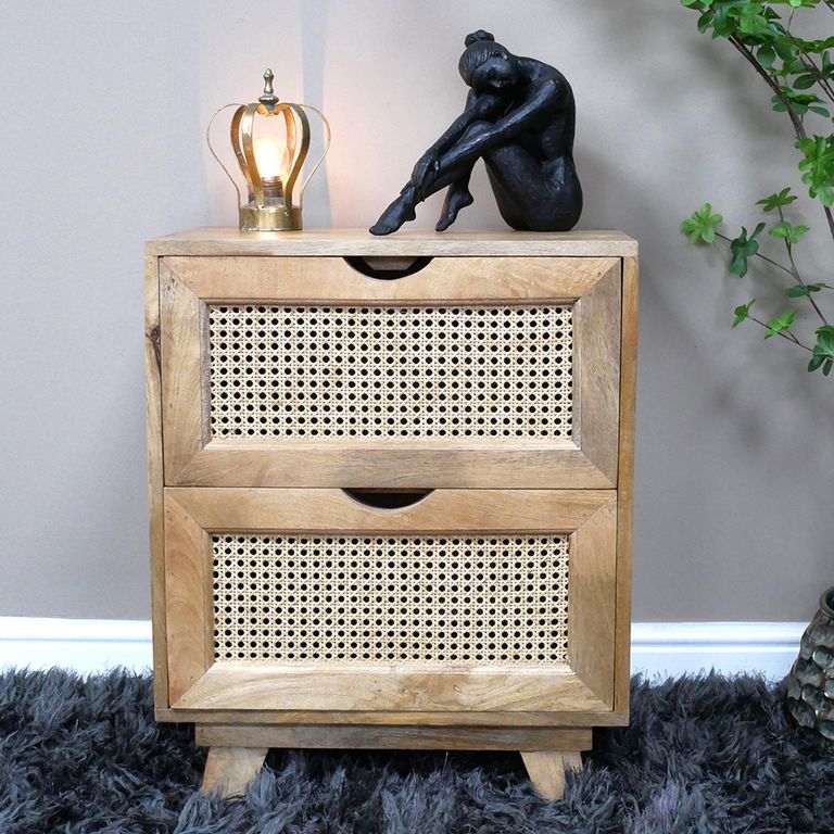 Bedside Cabinet - 2 Drawer - Mango Wood and Rattan