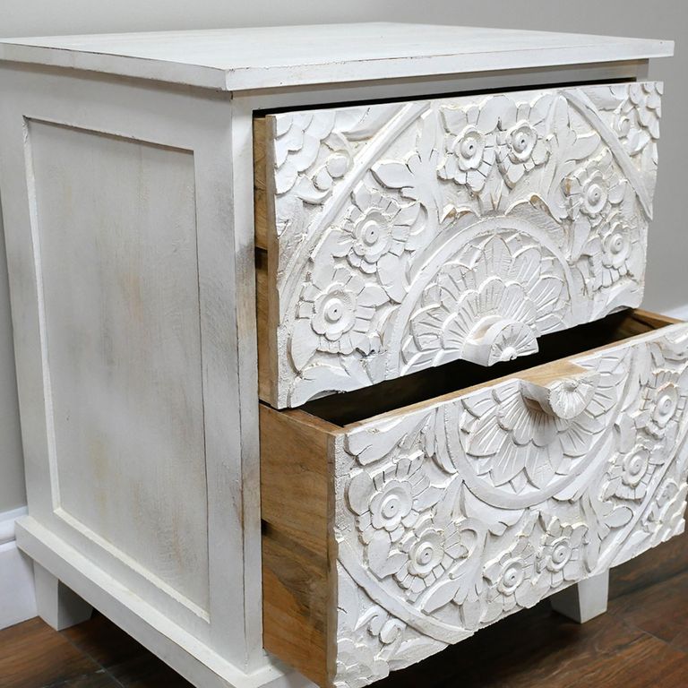 Bedside Cabinet - 2 Drawer - Off White Carved Mango Wood