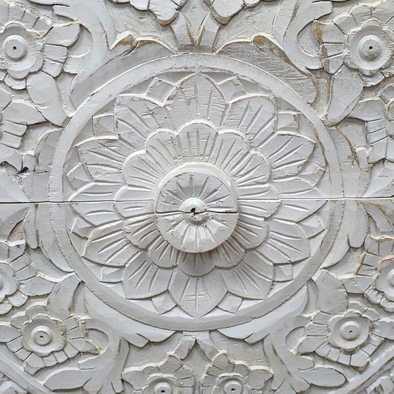 Bedside Cabinet - 2 Drawer - Off White Carved Mango Wood