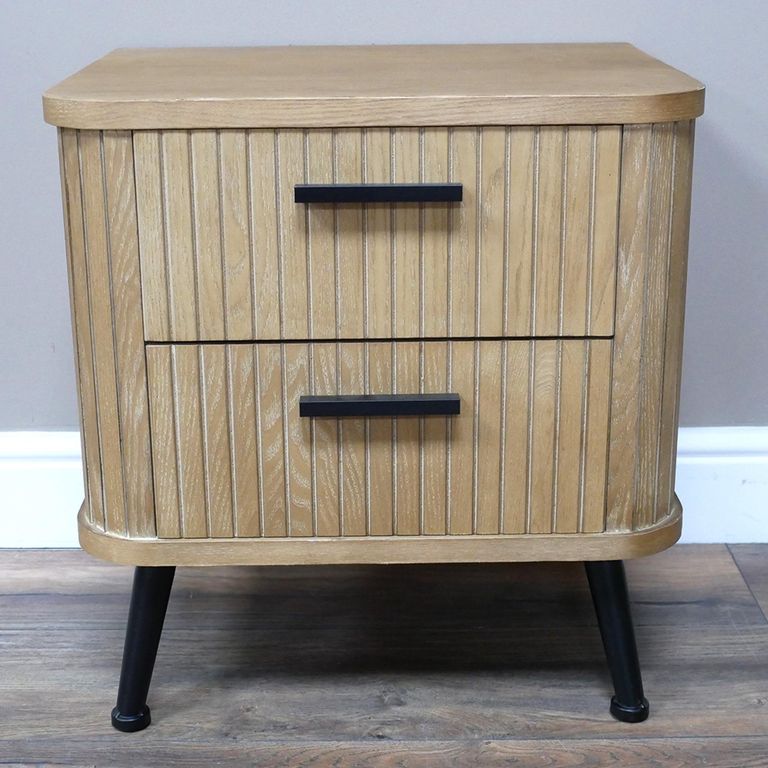 Bedside Cabinet - 2 Drawer - Ribbed Wooden