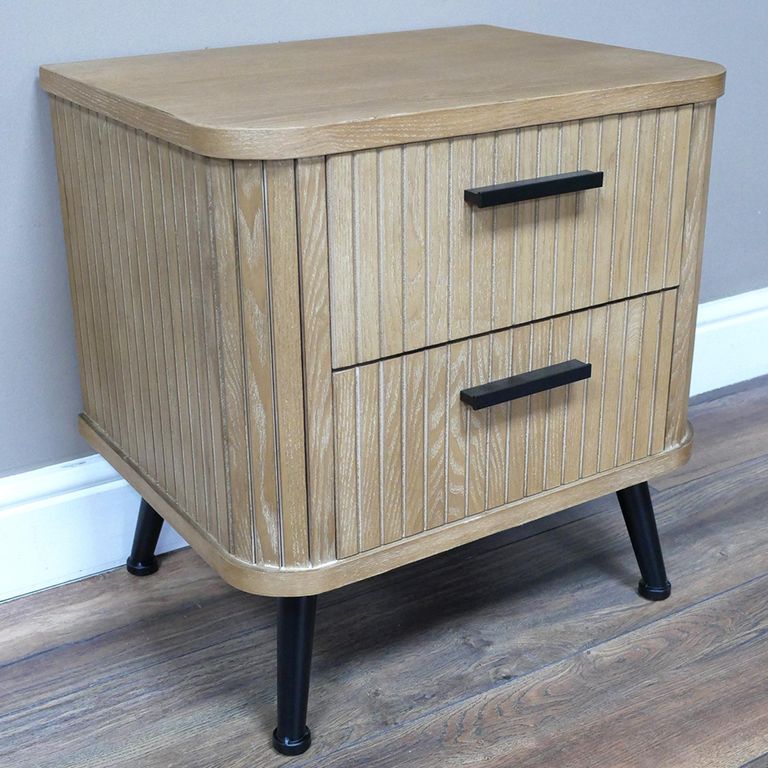 Bedside Cabinet - 2 Drawer - Ribbed Wooden