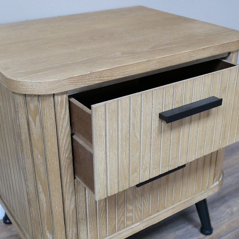 Bedside Cabinet - 2 Drawer - Ribbed Wooden