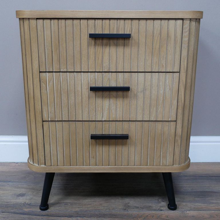 Bedside Cabinet - 3 Drawer - Ribbed Wooden