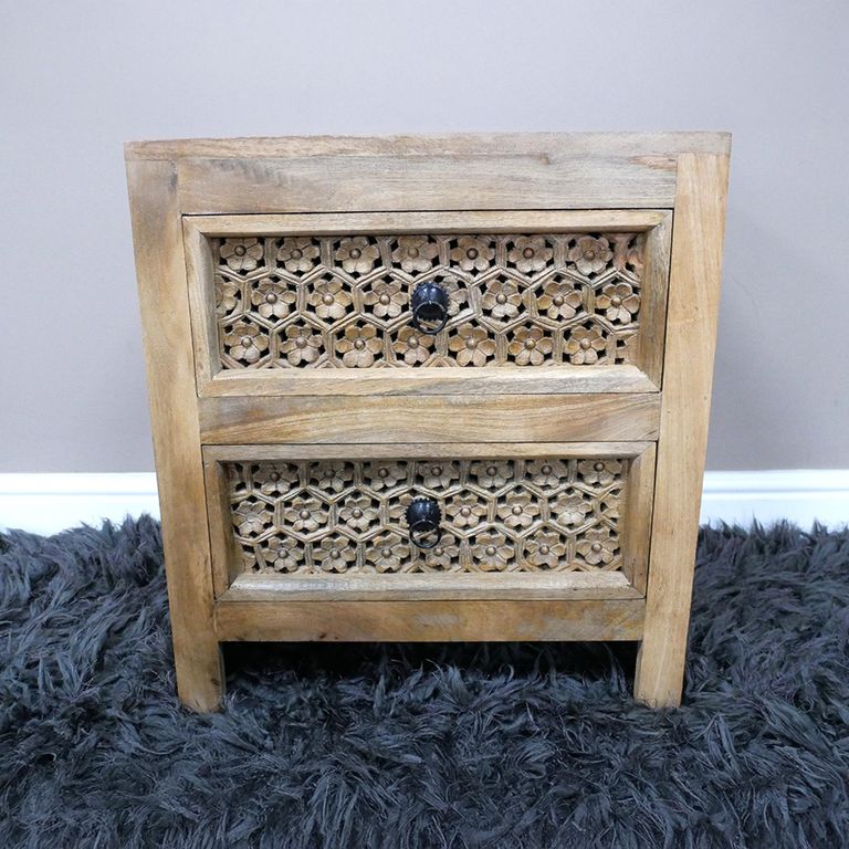 Bedside Cabinet - 2 Drawer - Rustic Carved Mango Wood