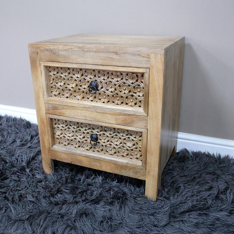 Bedside Cabinet - 2 Drawer - Rustic Carved Mango Wood