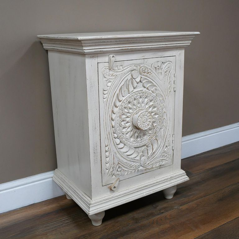 Bedside Cabinet - 1 Door - White Washed Carved Mango Wood