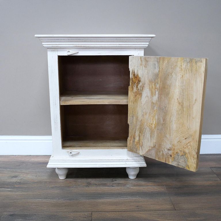 Bedside Cabinet - 1 Door - White Washed Carved Mango Wood