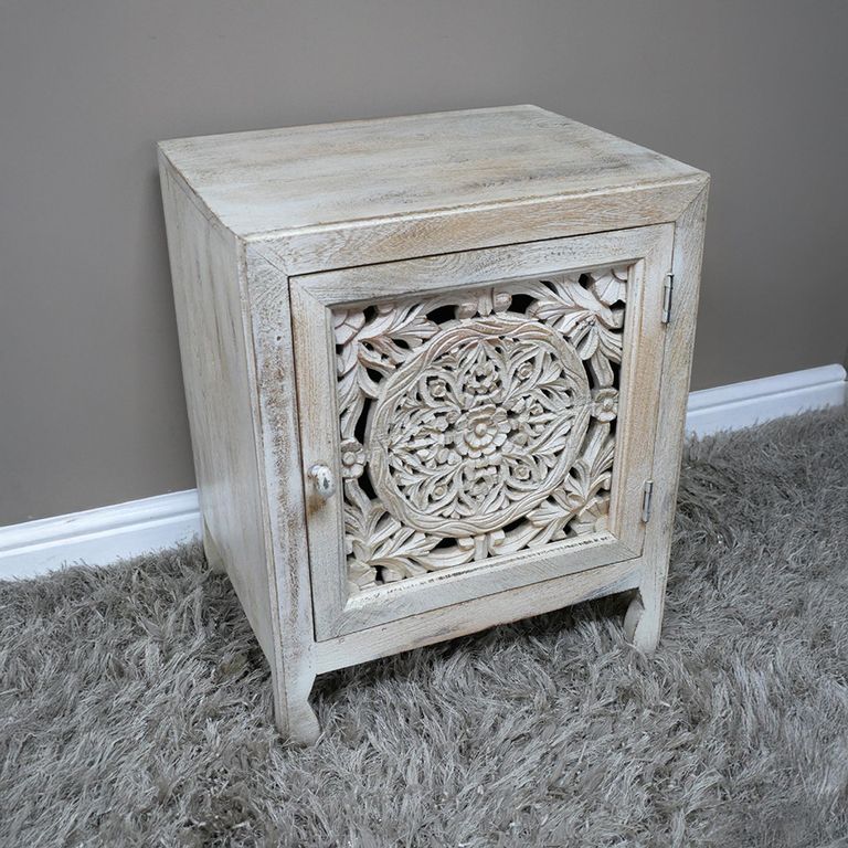 Bedside Cabinet - 1 Door - White Washed Carved Mango Wood - Small