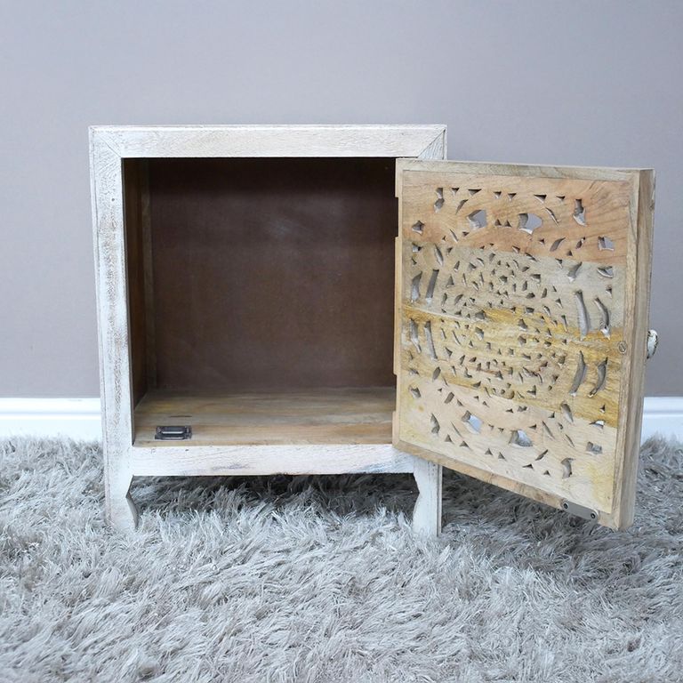 Bedside Cabinet - 1 Door - White Washed Carved Mango Wood - Small