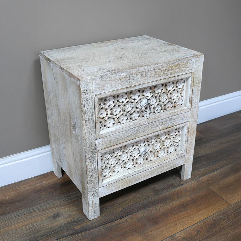 Bedside Cabinet - 2 Drawer - White Washed Mango Wood