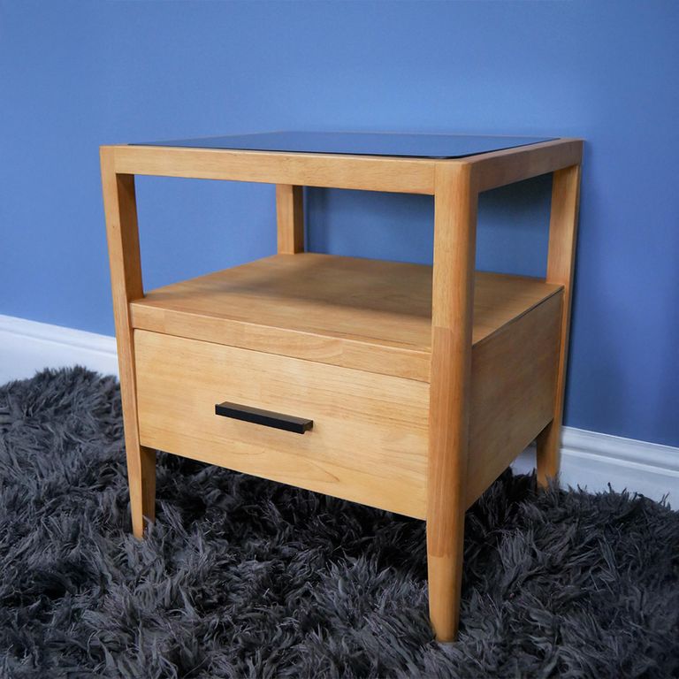 Bedside Cabinet - 1 Drawer - Wood and Black Glass