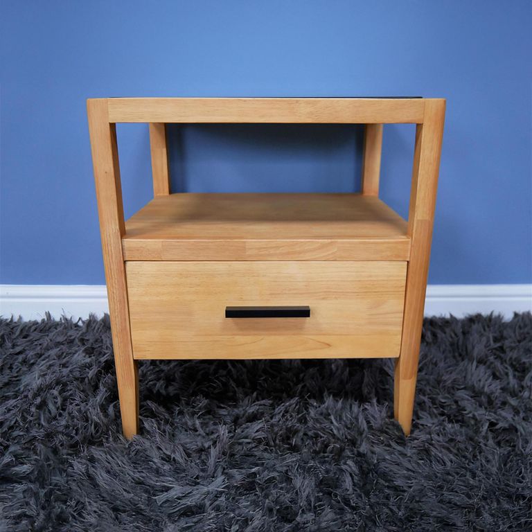 Bedside Cabinet - 1 Drawer - Wood and Black Glass