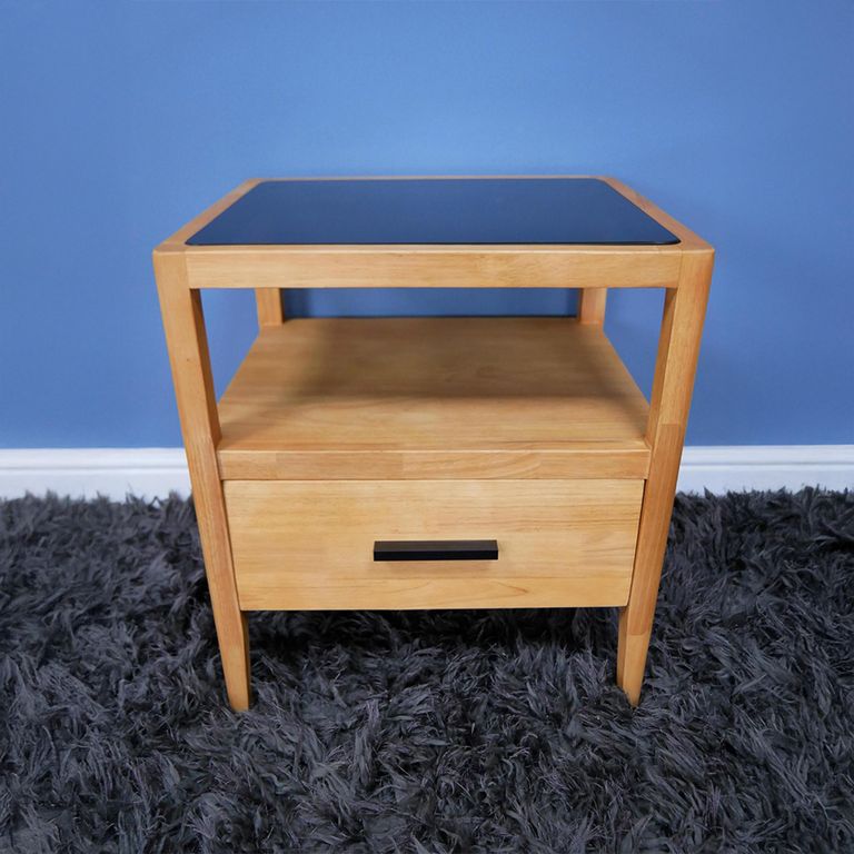 Bedside Cabinet - 1 Drawer - Wood and Black Glass
