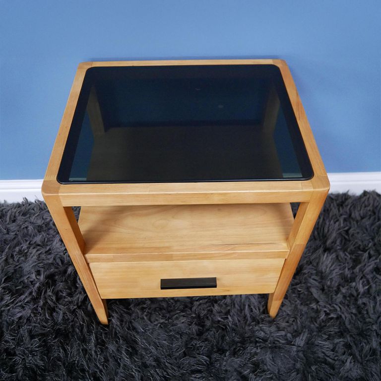 Bedside Cabinet - 1 Drawer - Wood and Black Glass
