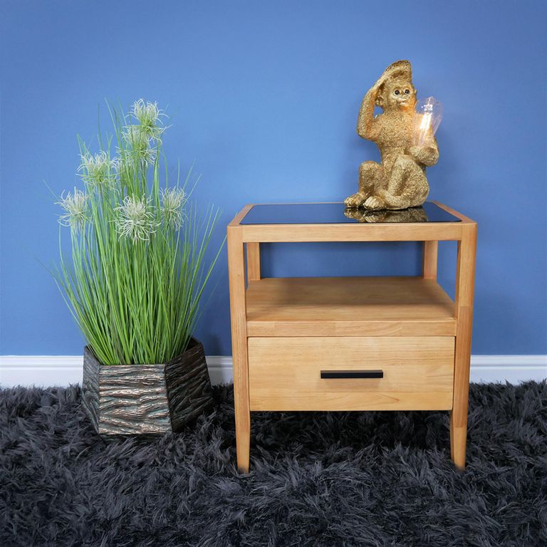 Bedside Cabinet - 1 Drawer - Wood and Black Glass