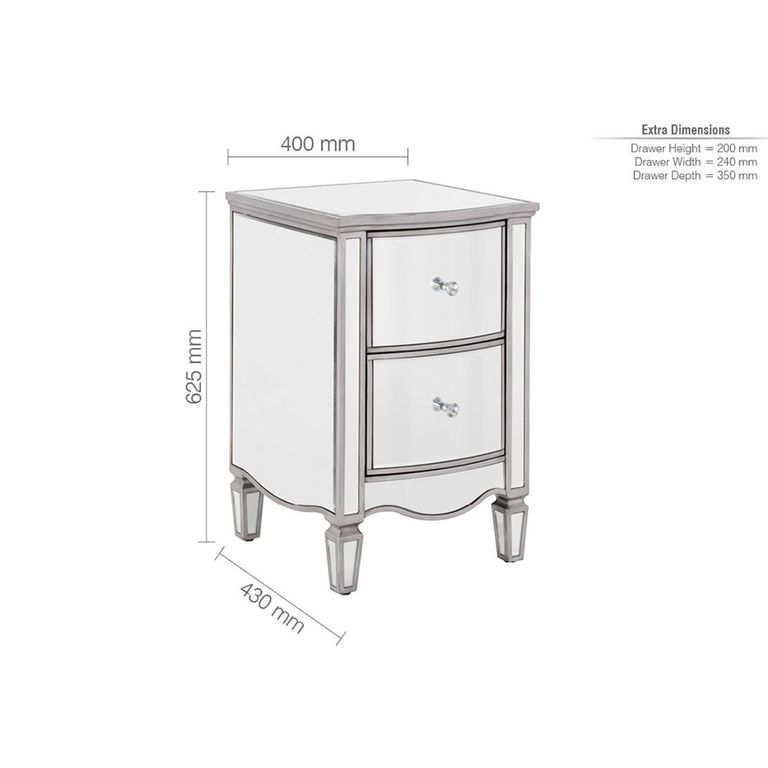 Elysee Narrow Bedside Cabinet - 2 Drawer - Mirrored