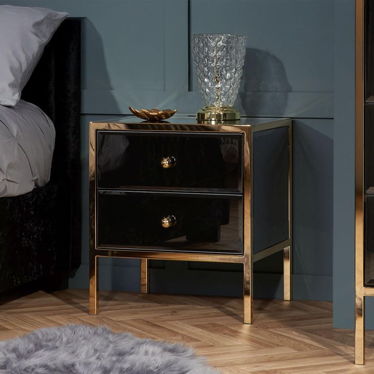 Fenwick Bedside Cabinet - 2 Drawer - Black Glass - Gold Trim