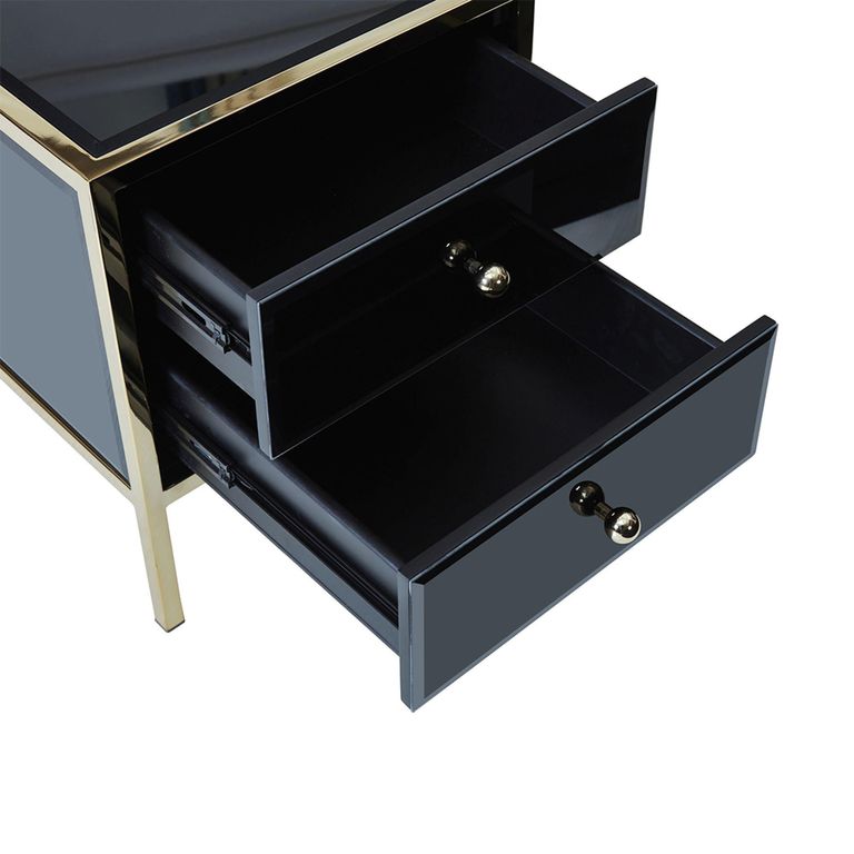 Fenwick Bedside Cabinet - 2 Drawer - Black Glass - Gold Trim