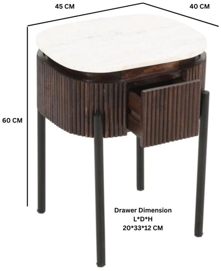 Fluted White Marble Top 1 Drawer Bedside Table