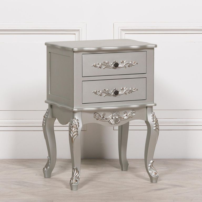French Style Bedside Table - Antique Silver - 2 Drawer