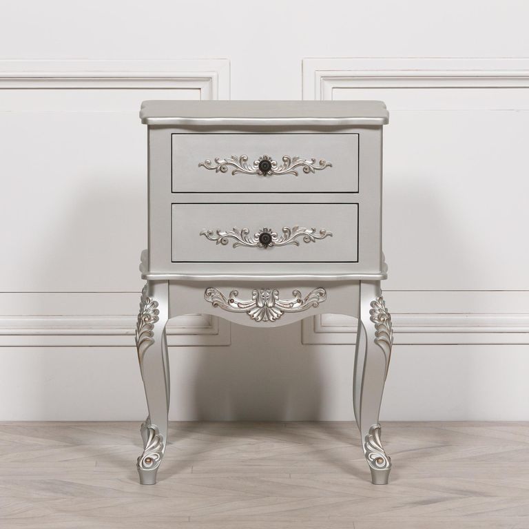 French Style Bedside Table - Antique Silver - 2 Drawer