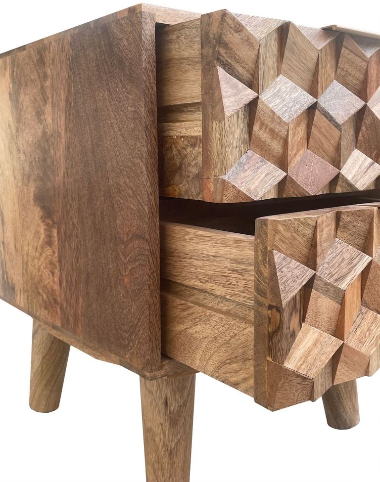 Geometric Carved Mango Wood 2 Drawer Bedside Cabinet