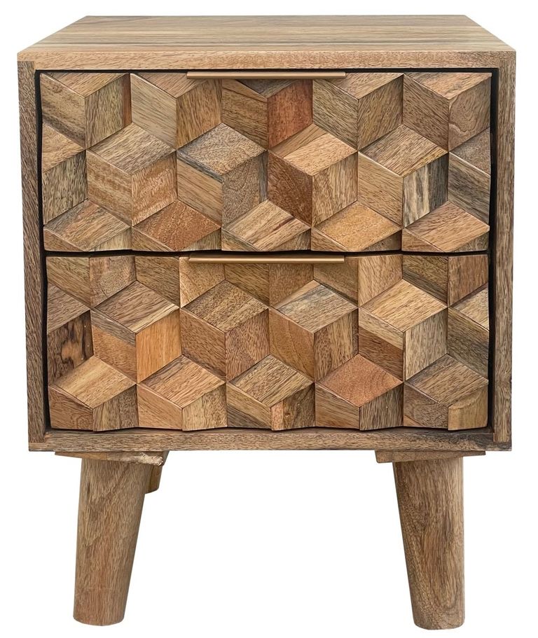Geometric Carved Mango Wood 2 Drawer Bedside Cabinet