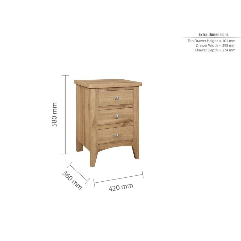 Hampstead Bedside Cabinet - 3 Drawer - Rustic Oak 